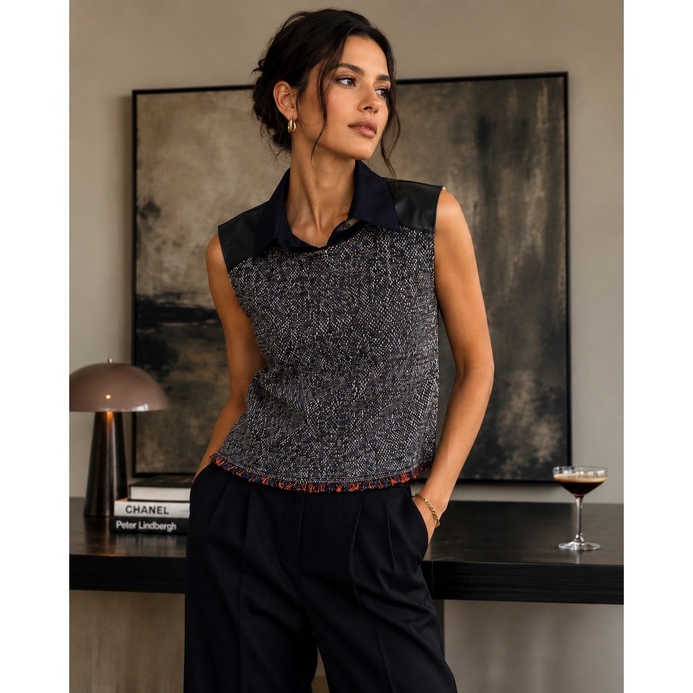 Bailey 44 Tweed Faux Leather Mixed Media Sleeveless Top Luxury Academia Sz S